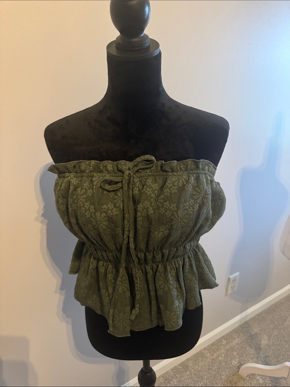 Strapless Olive Green Floral Smocked Peplum sleeveless top